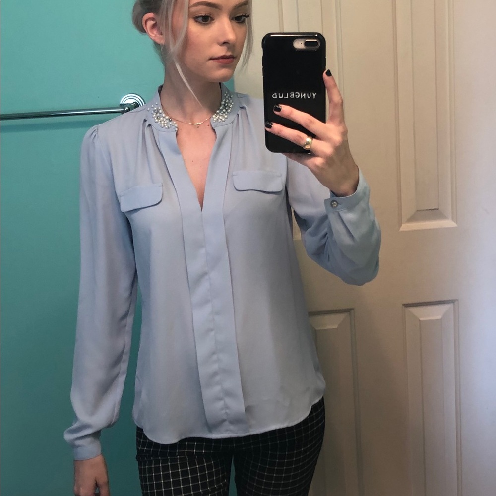 Periwinkle long sleeve blouse with jeweled collar